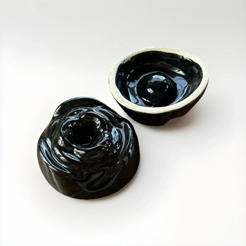 VTG Black Ceramic Rose Candle Holders Pair - Gothic Floral Pottery